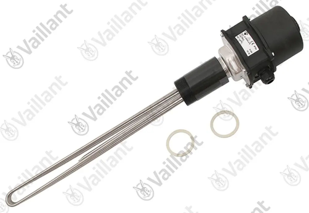 Vaillant Elektro-Heizstab mit einem langen, metallischen Heizkörper und einem Anschlusskopf, ausgestattet mit zwei Dichtungen.